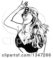 Poster, Art Print Of Black And White Party Woman Dancing In A Bikini Top Headband And Sunglasses