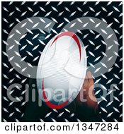 Hands Holding A Rugby Ball Over Diamond Plate Metal And Flares