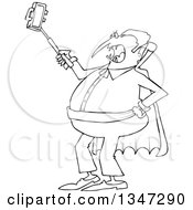 Cartoon Black And White Chubby Halloween Dracula Vampire Taking A Selfie With A Cell Phone