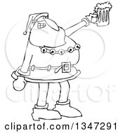 Poster, Art Print Of Cartoon Black And White Christmas Santa Claus Cheering And Holding Up A Beer Mug