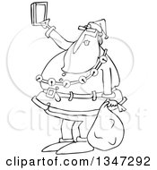 Outline Clipart Of A Cartoon Black And White Christmas Santa Claus Taking A Selfie With A Cell Phone Royalty Free Lineart Vector Illustration by djart