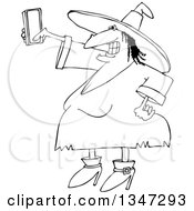 Cartoon Black And White Chubby Halloween Witch Taking A Selfie With A Cell Phone