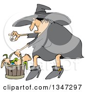 Cartoon Chubby Warty Halloween Witch Puting An Eyeball In A Basket Of Body Parts And Snakes