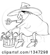 Poster, Art Print Of Cartoon Black And White Chubby Warty Halloween Witch Puting An Eyeball In A Basket Of Body Parts And Snakes