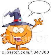 Poster, Art Print Of Cartoon Halloween Pumpkin Character Wearing A Witch Hat Talking And Waving