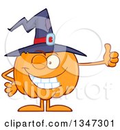 Poster, Art Print Of Cartoon Halloween Pumpkin Character Wearing A Witch Hat Winking And Giving A Thumb Up
