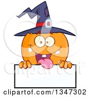 Poster, Art Print Of Cartoon Halloween Pumpkin Character Wearing A Witch Hat And Being Goofy Over A Blank Sign