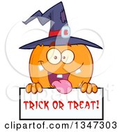 Poster, Art Print Of Cartoon Halloween Pumpkin Character Wearing A Witch Hat And Being Goofy Over A Trick Or Treat Sign