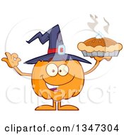 Cartoon Halloween Pumpkin Character Wearing A Witch Hat Holding A Pie And Gesturing Ok