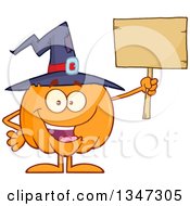 Poster, Art Print Of Cartoon Halloween Pumpkin Character Wearing A Witch Hat And Holding A Blank Wood Sign