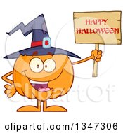 Poster, Art Print Of Cartoon Pumpkin Character Wearing A Witch Hat And Holding A Happy Halloween Sign