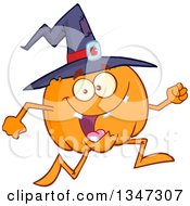 Poster, Art Print Of Cartoon Halloween Pumpkin Character Wearing A Witch Hat And Running