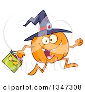 Poster, Art Print Of Cartoon Halloween Pumpkin Character Wearing A Witch Hat And Running With A Bag
