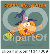 Poster, Art Print Of Cartoon Pumpkin Character Wearing A Witch Hat And Running With A Bag Under Happy Halloween Text Over Teal And Dots