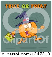 Poster, Art Print Of Cartoon Halloween Pumpkin Character Wearing A Witch Hat And Running With A Bag Under Trick Or Treat Text Over Teal And Dots