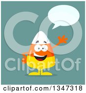 Cartoon Halloween Candy Corn Character Talking And Waving Over Blue