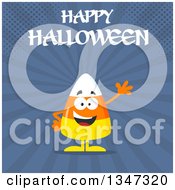Cartoon Halloween Candy Corn Character Waving Under Text Over Blue Rays And Halftone Dots