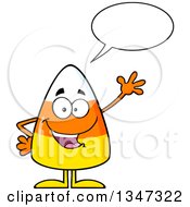Clipart Of A Cartoon Halloween Candy Corn Character Talking And Waving Royalty Free Vector Illustration by Hit Toon