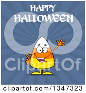 Cartoon Halloween Candy Corn Character Waving Under Text Over Blue Rays