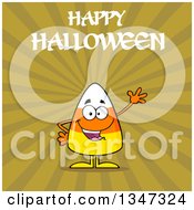 Cartoon Halloween Candy Corn Character Waving Under Text Over Green Rays