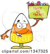 Cartoon Halloween Candy Corn Character Holding Up A Trick Or Treat Basket
