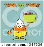 Cartoon Halloween Candy Corn Character Holding A Bucket Under Trick Or Treat Text With Halftone Dots
