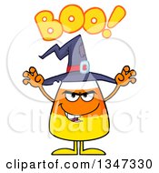 Cartoon Halloween Candy Corn Character Wearing A Witch Hat Saying Boo And Looking Scary