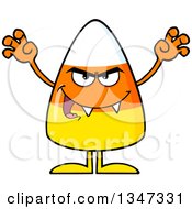 Poster, Art Print Of Cartoon Halloween Candy Corn Character With Vampire Fangs Being Scary
