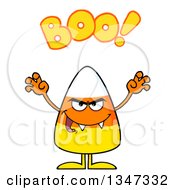 Cartoon Halloween Candy Corn Character With Vampire Fangs Being Scary And Saying Boo