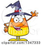 Cartoon Halloween Candy Corn Character Wearing A Witch Hat And Waving