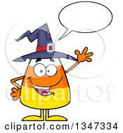 Poster, Art Print Of Cartoon Halloween Candy Corn Character Wearing A Witch Hat Talking And Waving