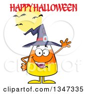 Cartoon Candy Corn Character Wearing A Witch Hat And Waving Under A Happy Halloween Greeting Bats And A Full Moon