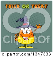 Cartoon Halloween Candy Corn Character Waving Under Trick Or Treat Text With Halftone Dots
