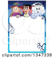 Cartoon Halloween Witch Girl Vampire Dracula And Ghost Over White Text Space With Bare Branches A Full Moon And Bats