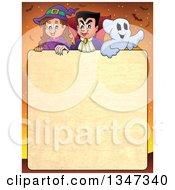 Poster, Art Print Of Cartoon Halloween Witch Girl Vampire Dracula And Ghost Over Textured Text Space With Bare Branches And Bats On Orange