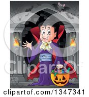 Cartoon Dracula Vampire Waving And Holding A Jackolantern Basket With Halloween Candy In A Haunted Hallway With Bats