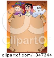 Poster, Art Print Of Cartoon Halloween Witch Girl Vampire Dracula And Ghost Over A Blank Parchment Scroll Sign On Orange With Bats