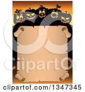 Cartoon Illuminated And Silhouetted Halloween Jackolantern Pumpkins Over A Blank Parchment Scroll Sign On Orange