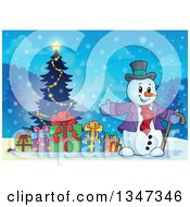 Poster, Art Print Of Cartoon Christmas Snowman Presenting Gifts And A Tree At Night