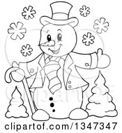 Poster, Art Print Of Cartoon Black And White Christmas Snowman Welcoming Over Trees