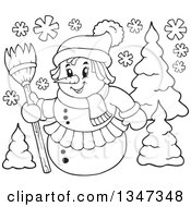 Poster, Art Print Of Cartoon Black And White Female Christmas Snowman Holding A Broom By Trees