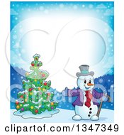Poster, Art Print Of Border Of A Cartoon Christmas Snowman Presenting A Tree
