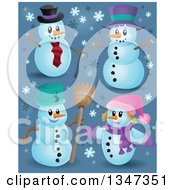 Poster, Art Print Of Cartoon Christmas Snowmen With Snowflakes On Blue