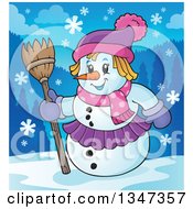 Poster, Art Print Of Cartoon Christmas Snow Woman Holding A Broom In The Snow