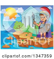 Cartoon Happy Roman Soldier Holding A Spear And Shield By The Acropolis Of Athens On The Coast