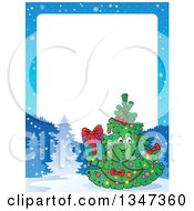 Poster, Art Print Of Cartoon Christmas Tree Character Holding A Present In A Winter Landscape Border With White Text Space