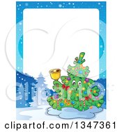 Poster, Art Print Of Cartoon Christmas Tree Character Ringing A Bell In A Winter Landscape Border With White Text Space