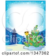 Poster, Art Print Of Cartoon Christmas Tree Character Ringing A Bell In A Winter Landscape Border