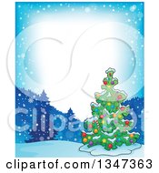 Poster, Art Print Of Cartoon Decorated Christmas Tree In A Winter Landscape Border