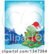 Poster, Art Print Of Cartoon Decorated Christmas Tree Character Wearing A Scarf And Santa Hat In A Winter Landscape Border